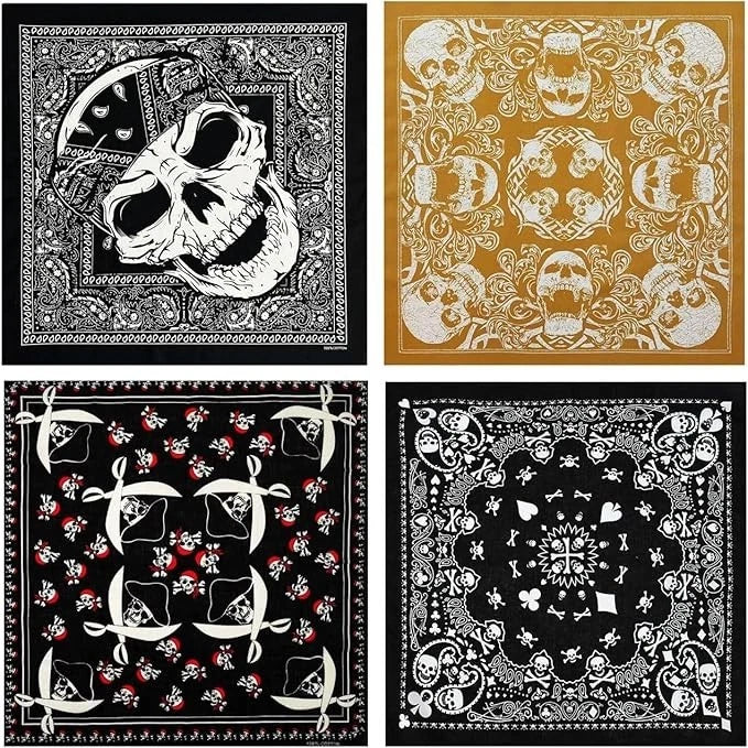 Bycc Bynn 4-Pack 100% Cotton Bandana Set, Vintage Graphic Print, 22x22 inches