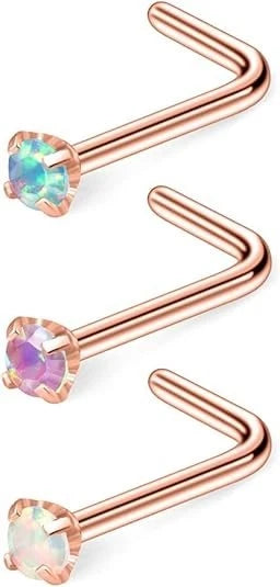 3PCS 20G Rose Gold Plated 316L Surgical Steel 2mm Mix Color Opal Nose Rings S...