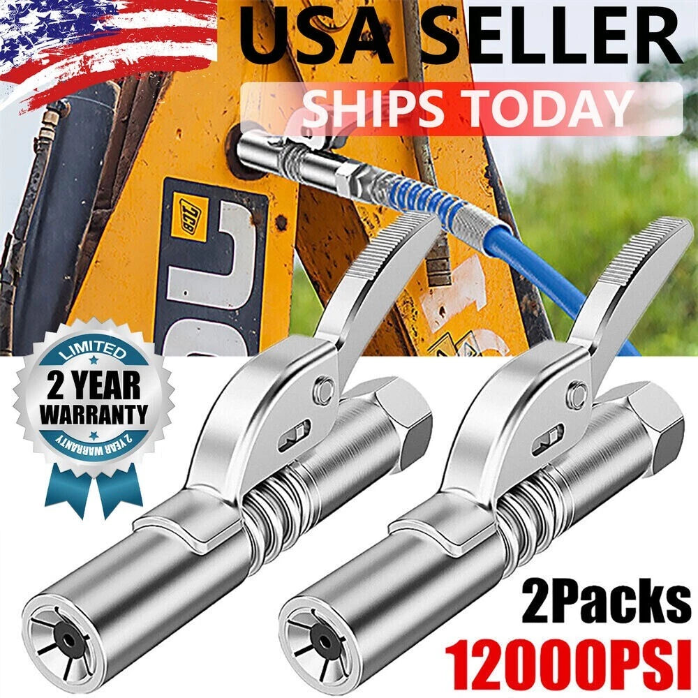 2pack Grease Gun Coupler XL - Extra reach for recessed grease fittings 12,000 PS