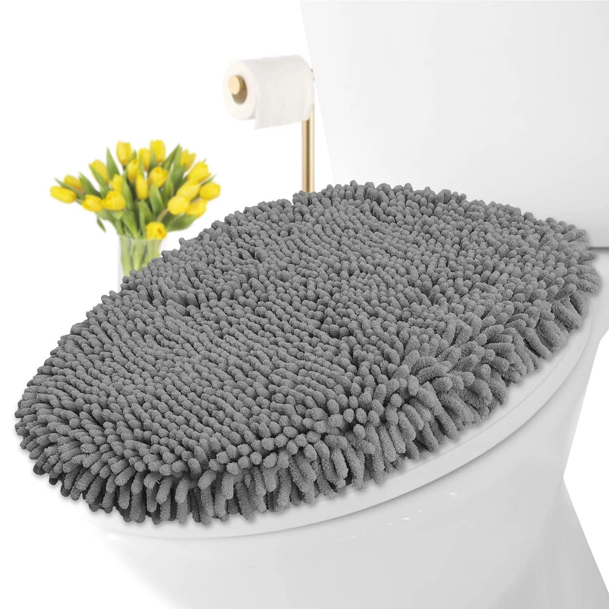 Premium Chenille Microfiber Toilet Lid Cover, Soft Plush Toilet Seat Cover Set f