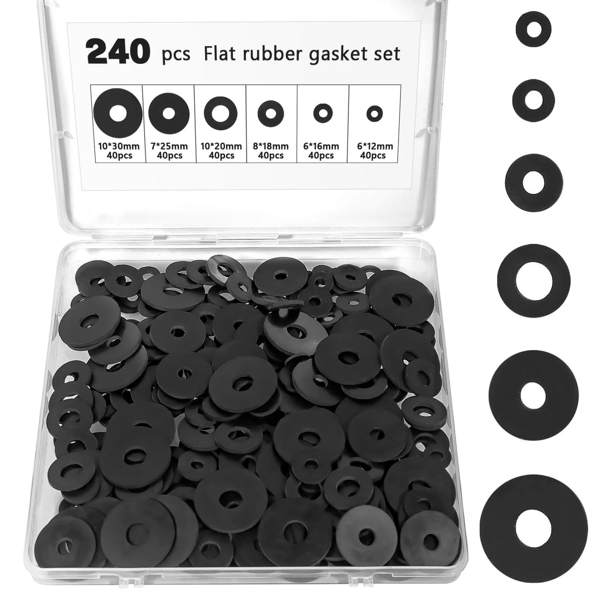 240 Pcs Rubber Washers Assortment Kit, 6 Sizes: 12/16/18/20/25/30 Mm, Black Rubb