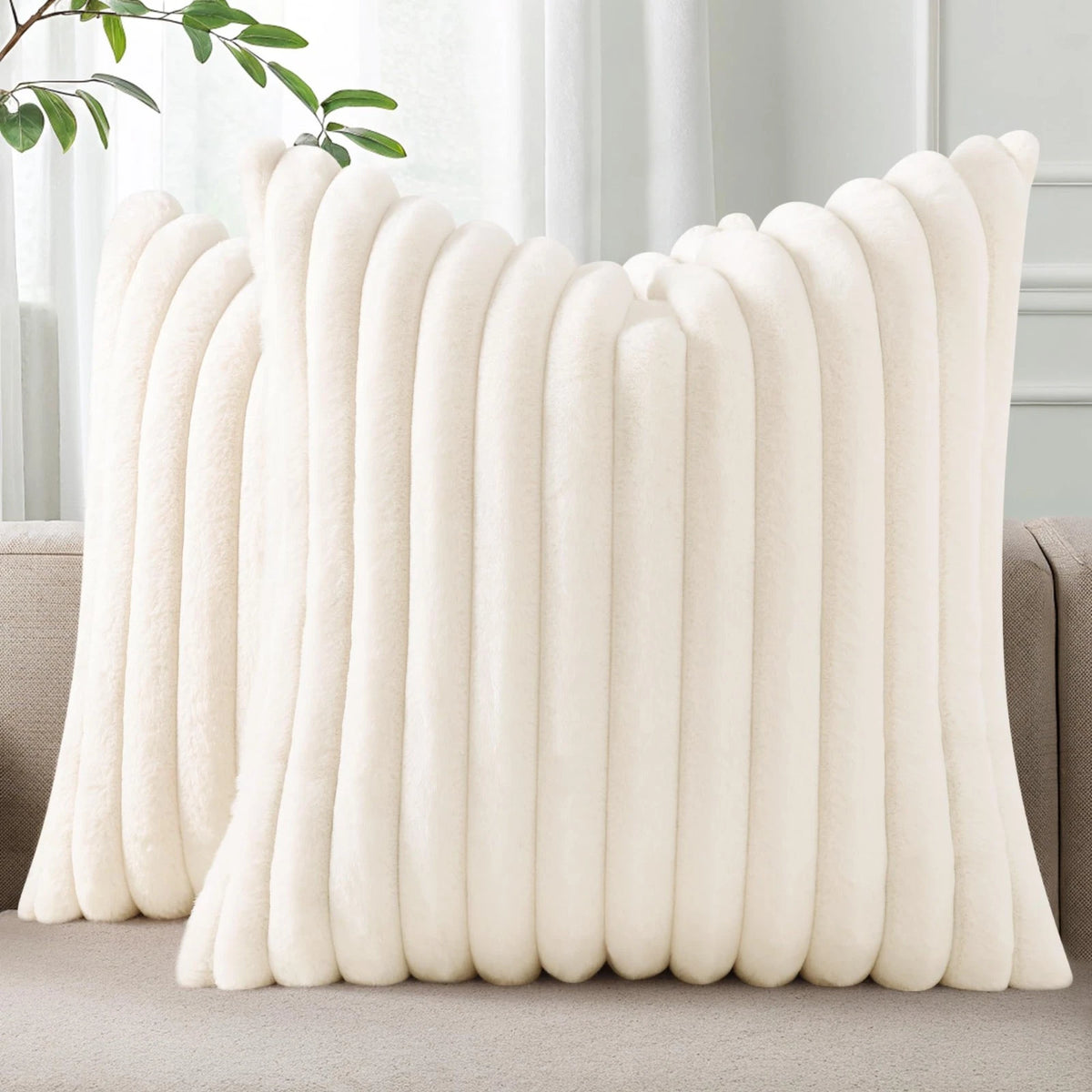 Faux Fur Plush Throw Pillow Covers 18x18 Set of 2, Luxury Soft Fluffy Striped...