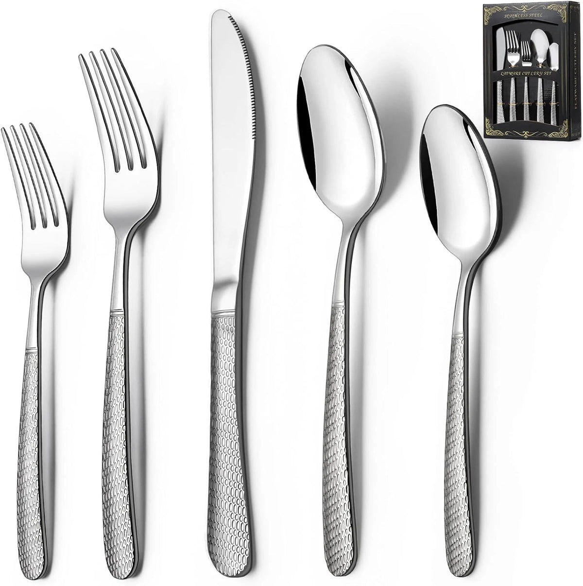 40-Piece Hammered Silverware Set, Stainless Steel Heavy Duty Flatware Set for 8