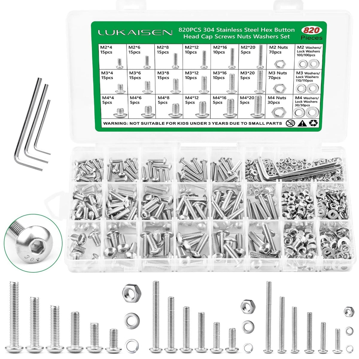 820PCS Stainless Steel Screws Nuts M2 M3 M4 Hex Button Head Bolts Assortment Kit