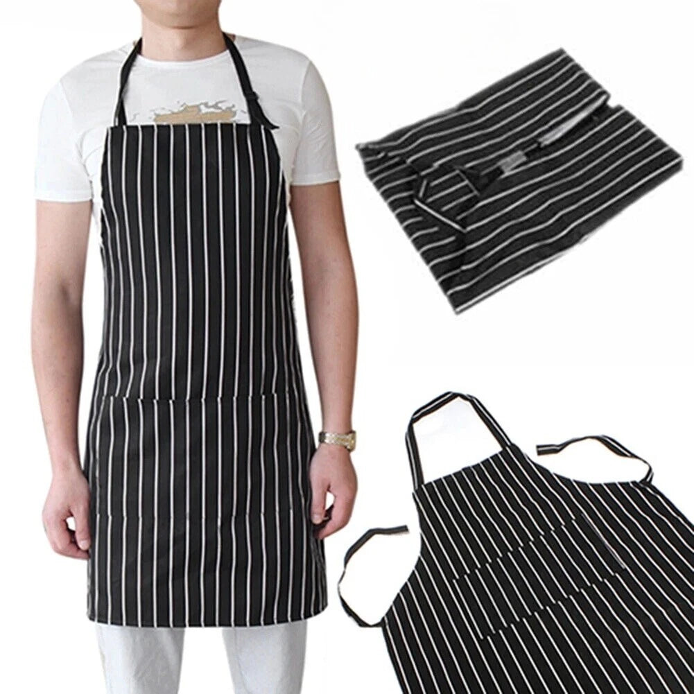Adjustable Cooking Apron Kitchen Chef Stripe Bib Apron w/ 2Pockets For Men Women