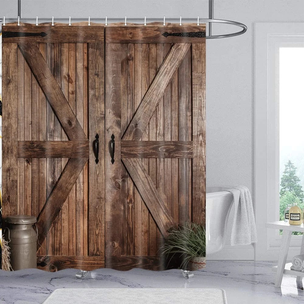 Rustic Barn Door Shower Curtain Set for Bathroom, Farmhouse Arts Bathroom Decor