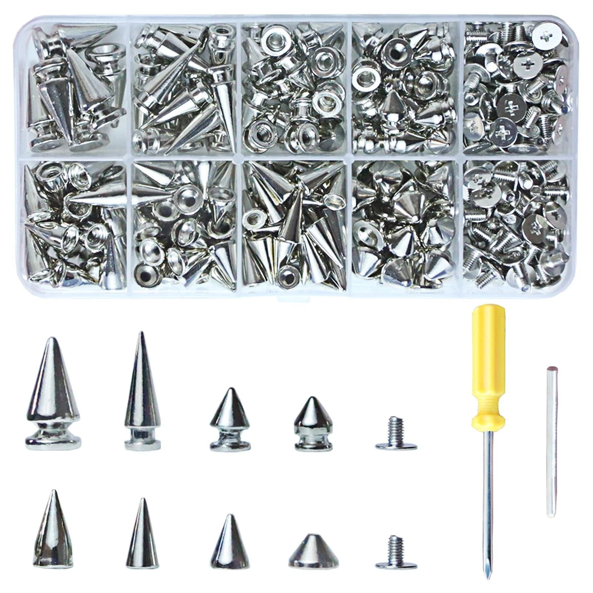 354 Sets Punk Spikes and Studs Kit 8 Sizes Cone Spikes,Metal Tree Spikes Studs