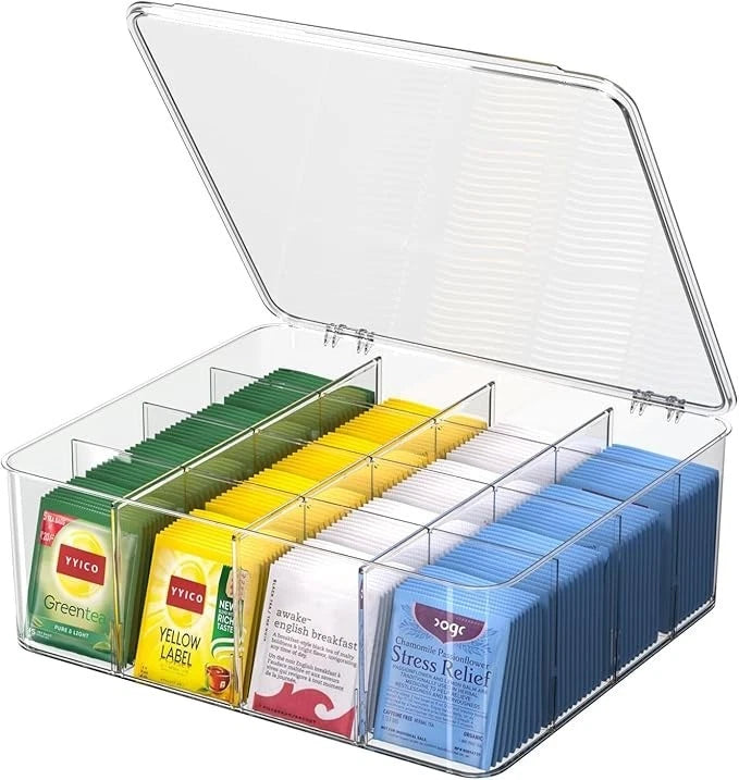 Tea Bags Organizer with Lid: Extra Large Tea Bag Holder - 16 Adjustable Compa...