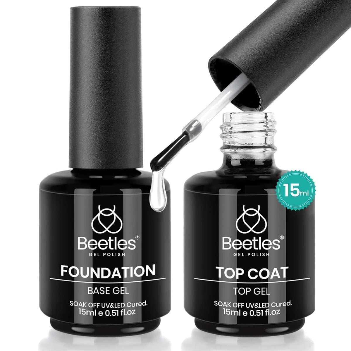 Beetles 2 Pcs 15ml No Wipe Gel Top Coat and Base Coat Set - Shine Finish and Lon