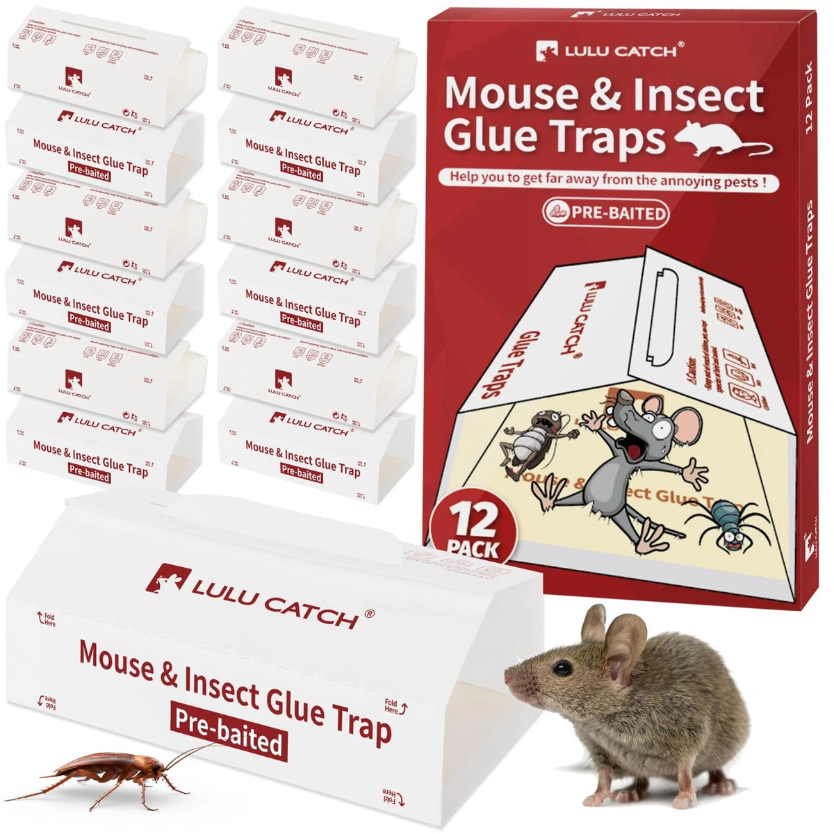 LULUCATCH Sticky Mouse Traps, 12 Pack Pre-baited Glue Traps, Foldable Bulk No...