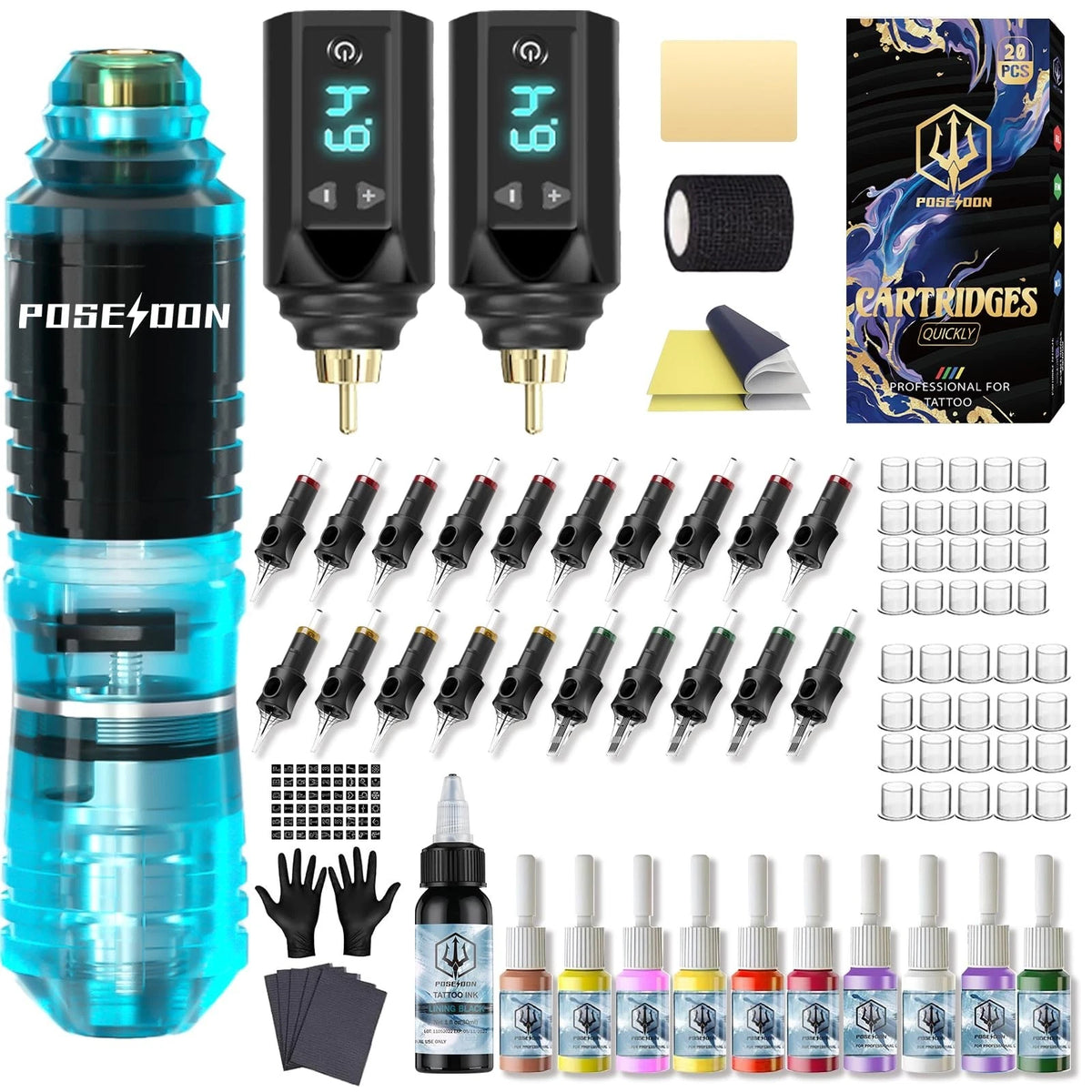 Tattoo Gun Kit POSEIDON Tattoo Kit Pen Kit with 2Pcs 1500Mah Batteries Tattoo Ma