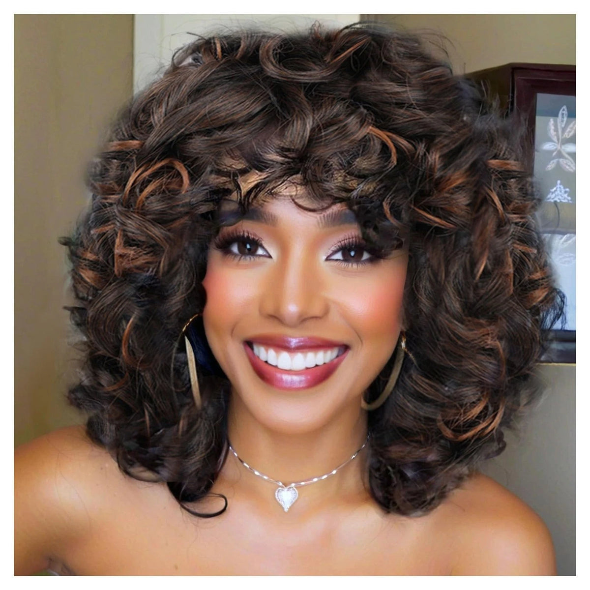 Lotfon Curly Wigs for Black Women Soft Honey Blonde 22.8 Inch, Afro Wig-Brown
