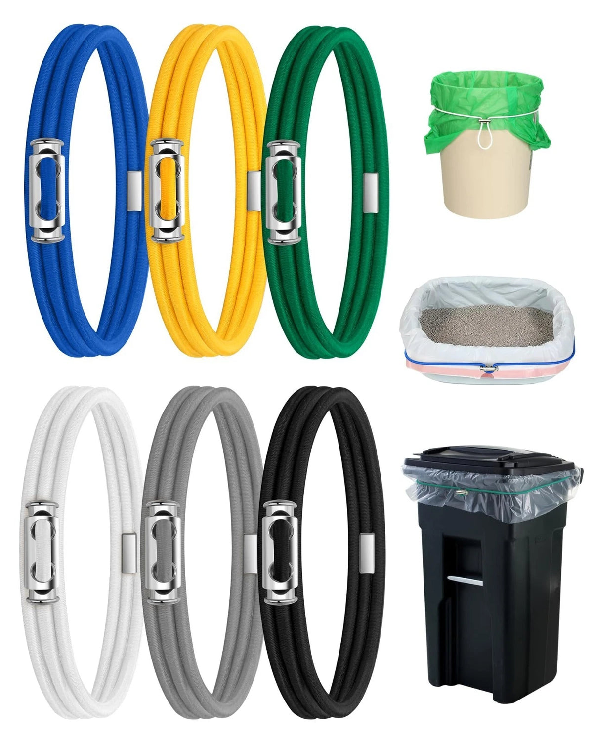 6Pack Garbage Can Bands Cord Adjustable Large Trash Can Rubber Bands for Kitchen