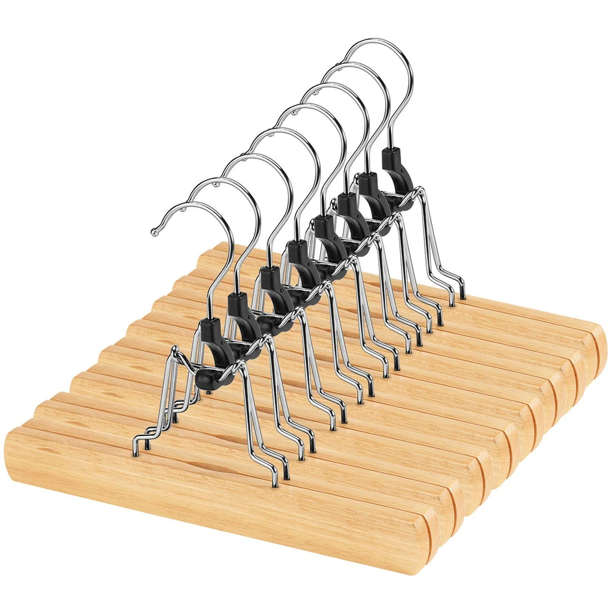12 Pack Natural Wooden Pants Hangers with Clips Non Slip Skirt Hangers Trouse...