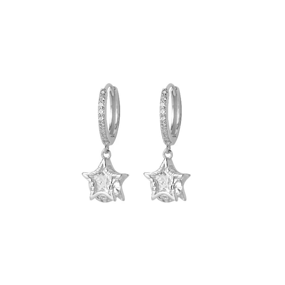 Star Dangle Hoop Earrings for Women S925 Sterling Silver CZ White Gold