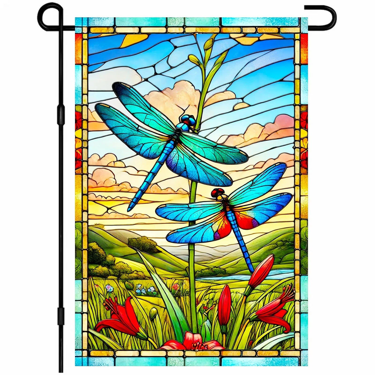 Dragonfly Stained Glass Garden Flag 12x18 Double Sided Outdoor Yard Nature Art B