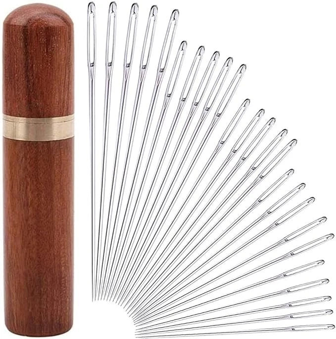 25Pieces Hand Sewing Big Eye Needles Sharp Needle,with Solid Wood Needle Case fo