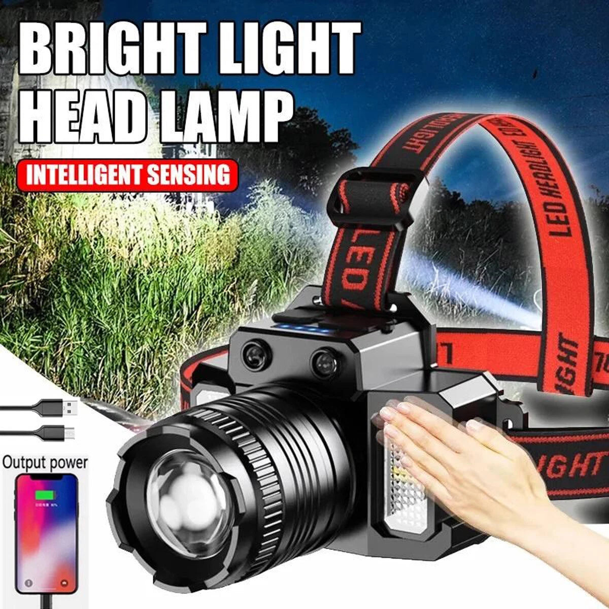 Super Bright LED Headlamp Flashlight USB Rechargeable Headlight Waterproof Lamp