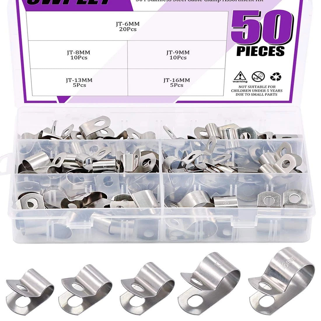 50Pcs 304 Stainless Steel 6Mm-16Mm Cable Clamps Assortment Kit, without Rubber C