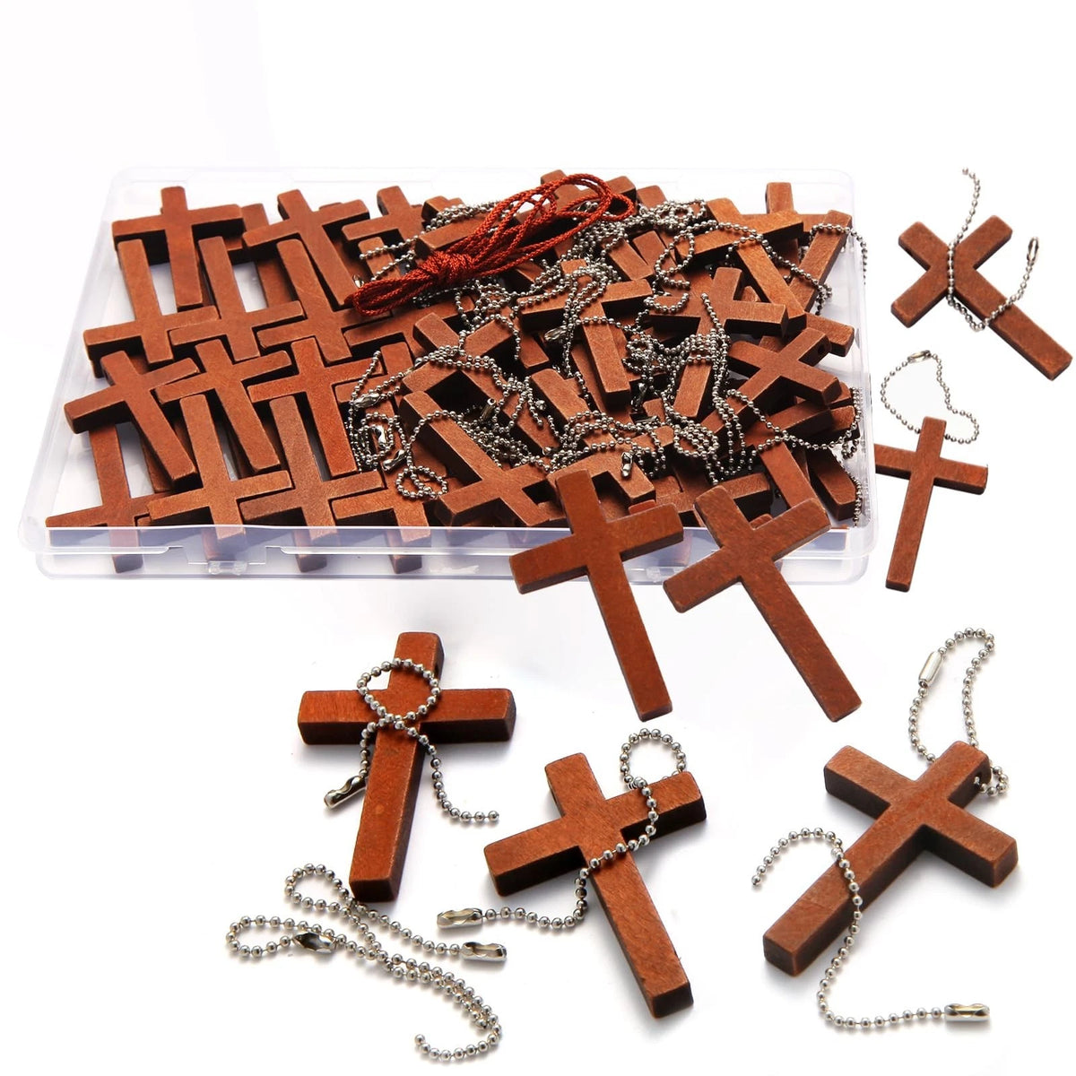 Wooden Pocket Cross - 70 Charms & 70 Chains, Natural Wooden Pendants