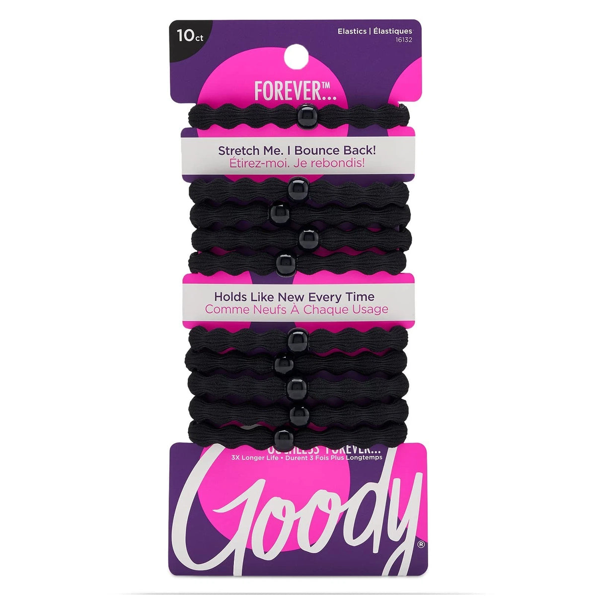 Goody Ouchless Forever Hair Elastics, 10 Ct, Black, Damage-Free Bands, 3X Strong