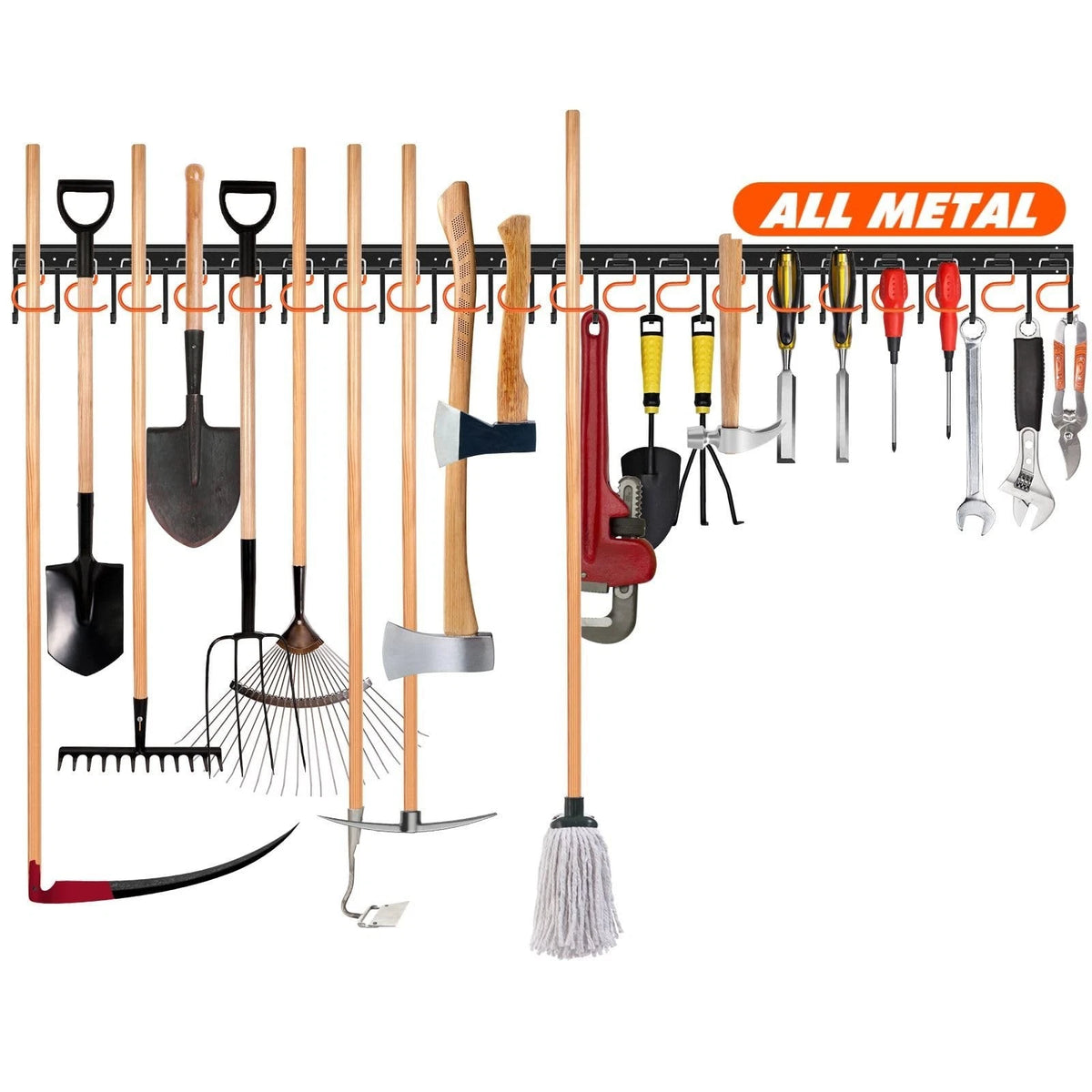68?Metal Garden Tool Organizer Hooks - Wall Mount Storage System for Yard Tools