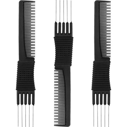 3 Pack Carbon Lift Teasing Combs with Metal Prong, Hair Pick Comb for Women Hair