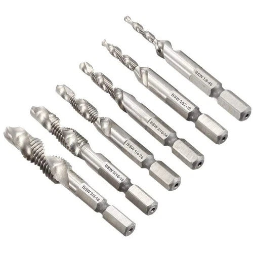 Set of 6 SAE Drill Tap Combination Bits HSS Deburr Countersink Bit Set with 1/4