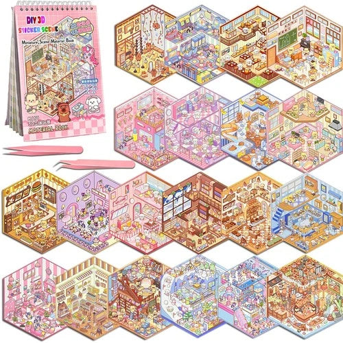 20 Sets DIY 3D Sticker Scene Collection Book, Miniature Cute Cartoon Animal Stic