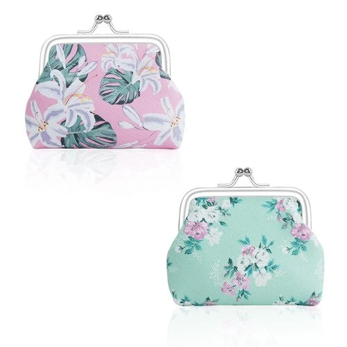 2 Pcs Faux Leather Coin Purse for Women with Kiss Lock, Floral Pattern Change an