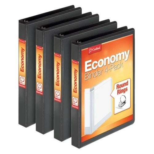 Cardinal 3 Ring Binder, 1 Inch, Round Ring, Black, 4 Pack, Holds 225 Sheets
