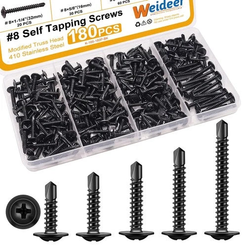 weideer 180pcs #8 Self Tapping Screws for Metal, Sheet Metal Screws, 410 Stai