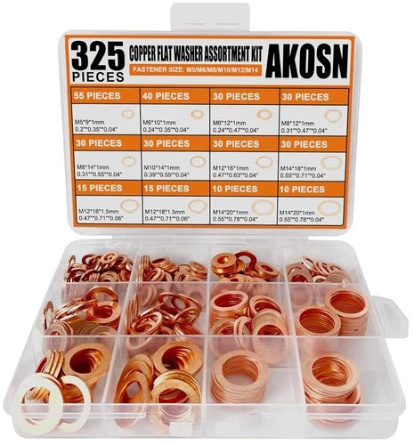 325 PCS Copper Metric Sealing Crush Washers Kit, 10 Sizes Oil Drain Gasket Set..