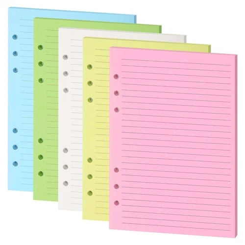 Lined Refill Paper, A5 Planner Inserts, Colorful Ruled Journal Fillers for 6-Rin