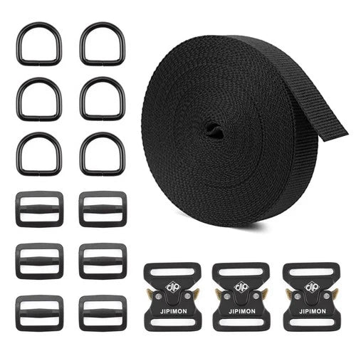 1 Inch Webbing Nylon Strap with Heavy Duty Metal Buckles Include D Rings Black