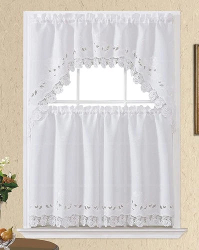 GOHD Lace Rosarium Kitchen Curtains, 3PCS Kitchen Curtains and Valances Set, Ele
