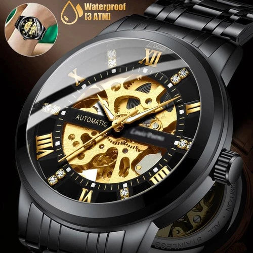 Men's Luxury Stainless Steel Gold Tone Skeleton Automatic Mechanical Wrist Watch