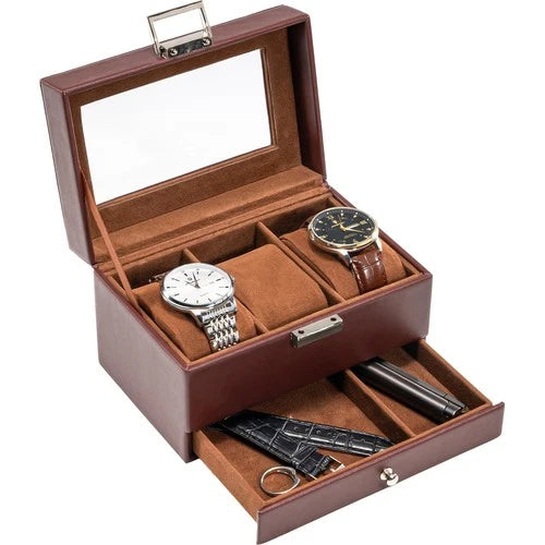 Watch Box, 3 Slot Watches Display Case with Drawer, Mens Watch Case with Glass L