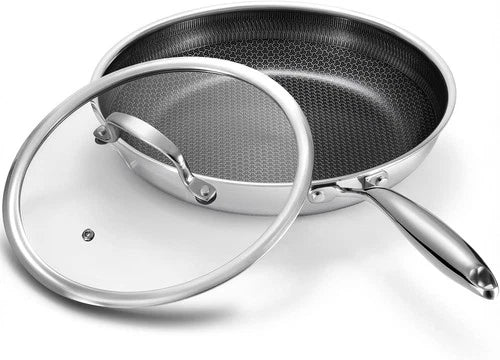 Non Stick 8 Inch Frying Pan with Lid, Hybrid Nonstick Stainless Steel Skillet Pa