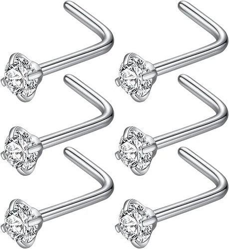 316L Surgical Steel 20G L Shape Nose Stud 3mm Clear CZ Silver 6pcs Set