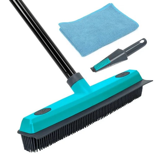 Pet Hair Removal Broom Carpet Rake Rubber Broom with Squeegee Rug Rake to Fluff