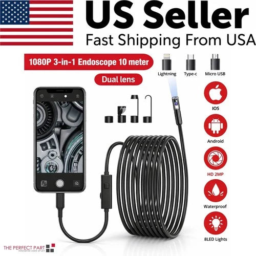 1920P HD Endoscope Borescope 8mm Inspection Snake Camera for iPhone Android iOS