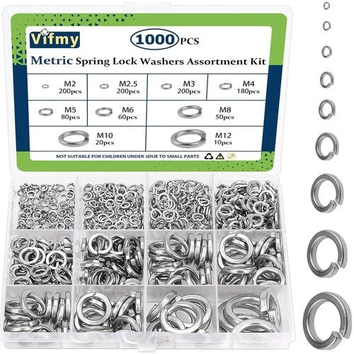 Spring Lock Washers Assortment Kit(1000 Pack), M2 M2.5 M3 M4 M5 M6 M8 M10 M12 M