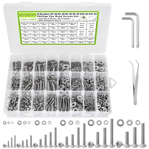 1059Pcs Nuts and Bolts Assortment Kit Phillips Pan Head #2-56#4-40#6-32#8
