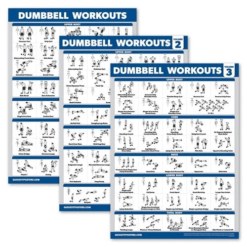3 Pack - Dumbbell Workout Posters for Home Gym - Volume 1, 2 & 3 Exercise Charts