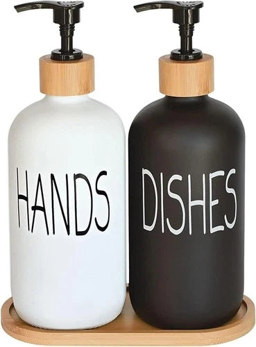 Glass Soap Dispenser Set, Hand Soap and Dish Soap Dispenser with Bamboo Tray.