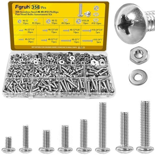 358PCS Machine Screws and Nuts Assortment Kit, #6-32#8-32#10-24 Phillips Pan Hea