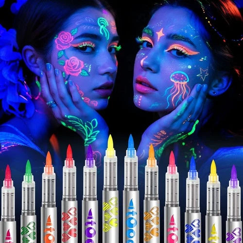 UV Neon Face Paint Markers 12 Colors, Glow in the Dark Body Paint under Black Li