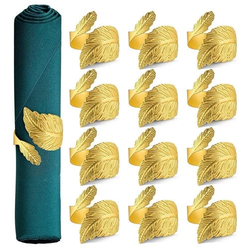Gold Napkin Rings Set of 12, Metal Leaf Napkin Rings Cloth Napkin Holder for Wed
