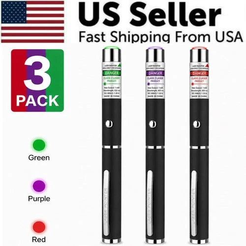3 Pack Class II Presentation Laser Pointer Pens Red Green Violet 1mW AAA